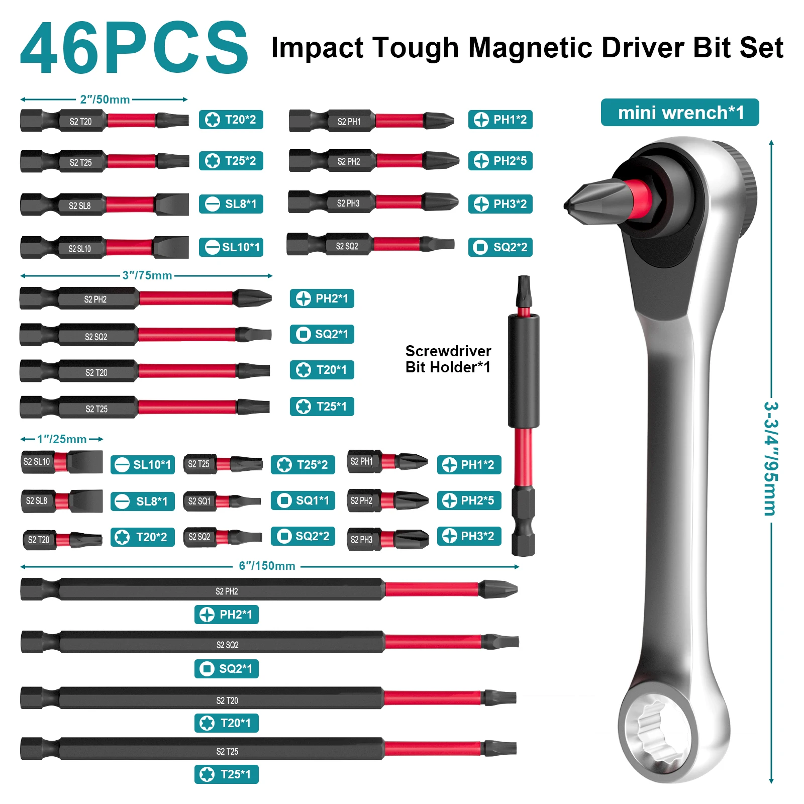 46pcs Kit Non-Slip Magnetic Driver Bit Set with Mini Wrench and Bit Holder Case - High Hardness Alloy Steel Impact Drill Bits