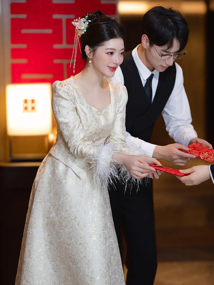 

Новое китайское свадебное платье с длинными рукавами для зимней церемонии, комплект для невесты, вечернее платье для женщин