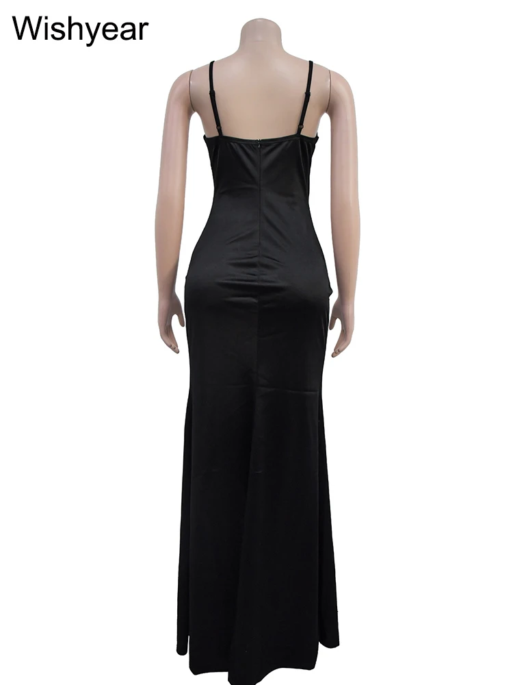 Wishyear Sexy Spaghetti Strap Sleeveless Slit Maxi Dress Women Black Sequin Patchwork Evening Wedding Party Prom Birthday Gowns