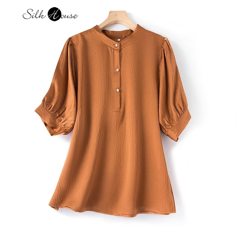 

2024 Women's Fashion Spring New 100%Natural Mulberry Silk Pearl Satin Short Sleeves Temperament Pullover Shirt T-shirt