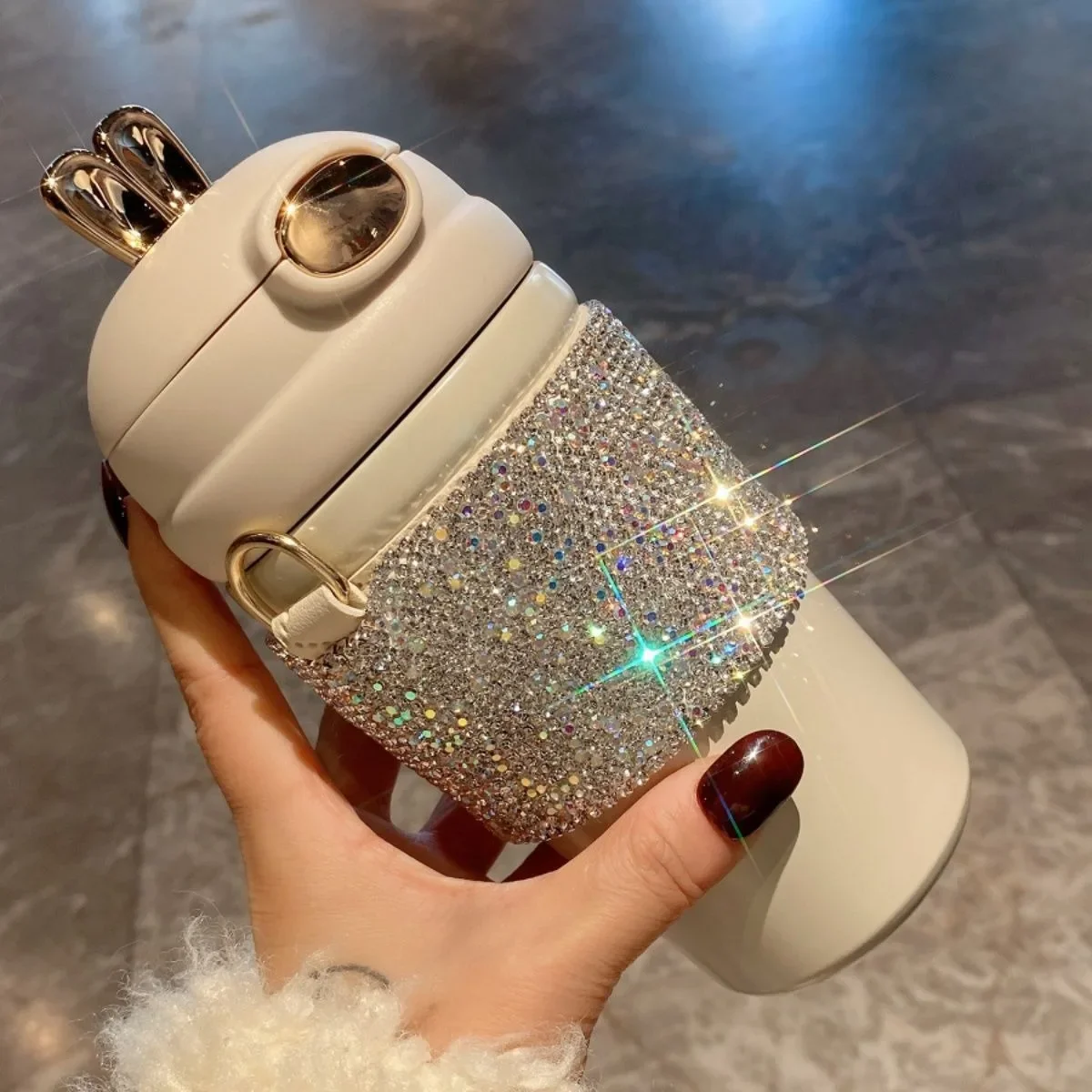 400ML Light Luxury Diamond-encrusted Large-capacity Straw Cup Stainless Steel Thermos Cup Can Diagonally Span Girls' Water Cup