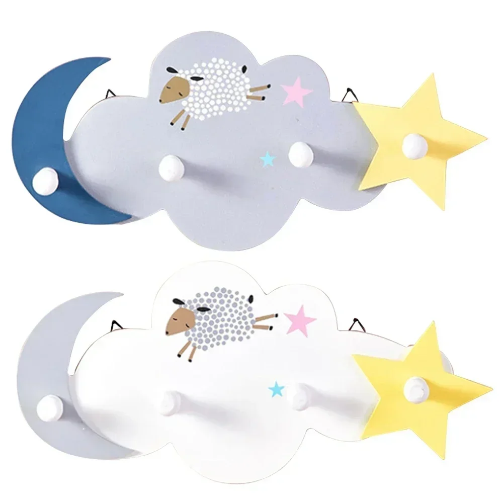 Hooks Self Adhesive 4 Hooks Wood Clothes Moon Star Hanger Wall Mounted Key Holder Coat Hook Kid Room Wall Decorative Accessor L1