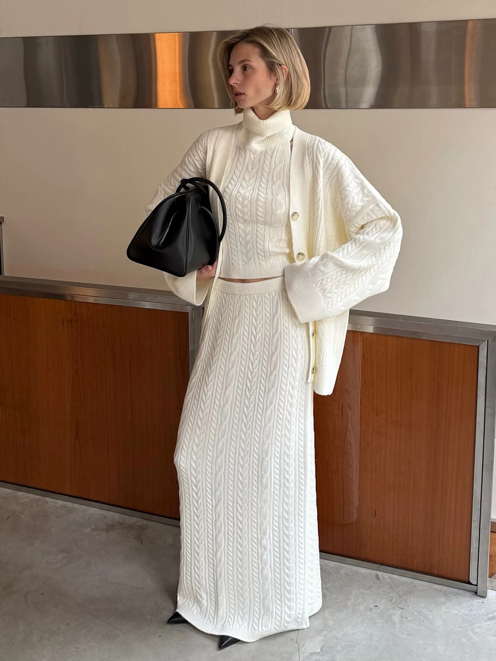 Lazy Wind And Drape Twisted Flower High Neck Sleeveless Vest Loose Cardigan Long Sleeved Three Piece Set Simple Long Skirt