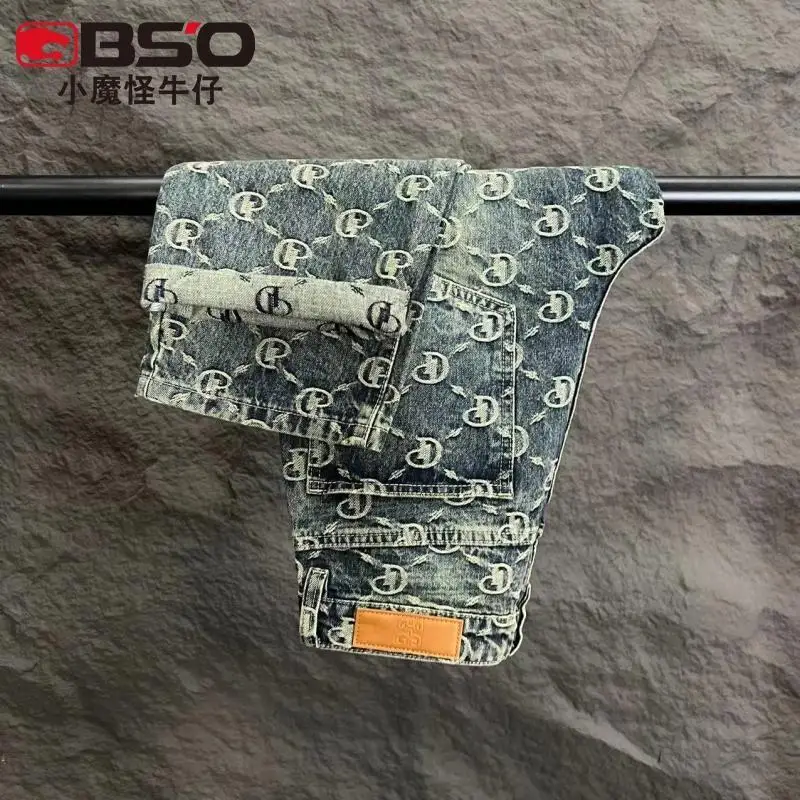 

Autumn new jacquard jeans men's American high street loose straight full flower trousers men