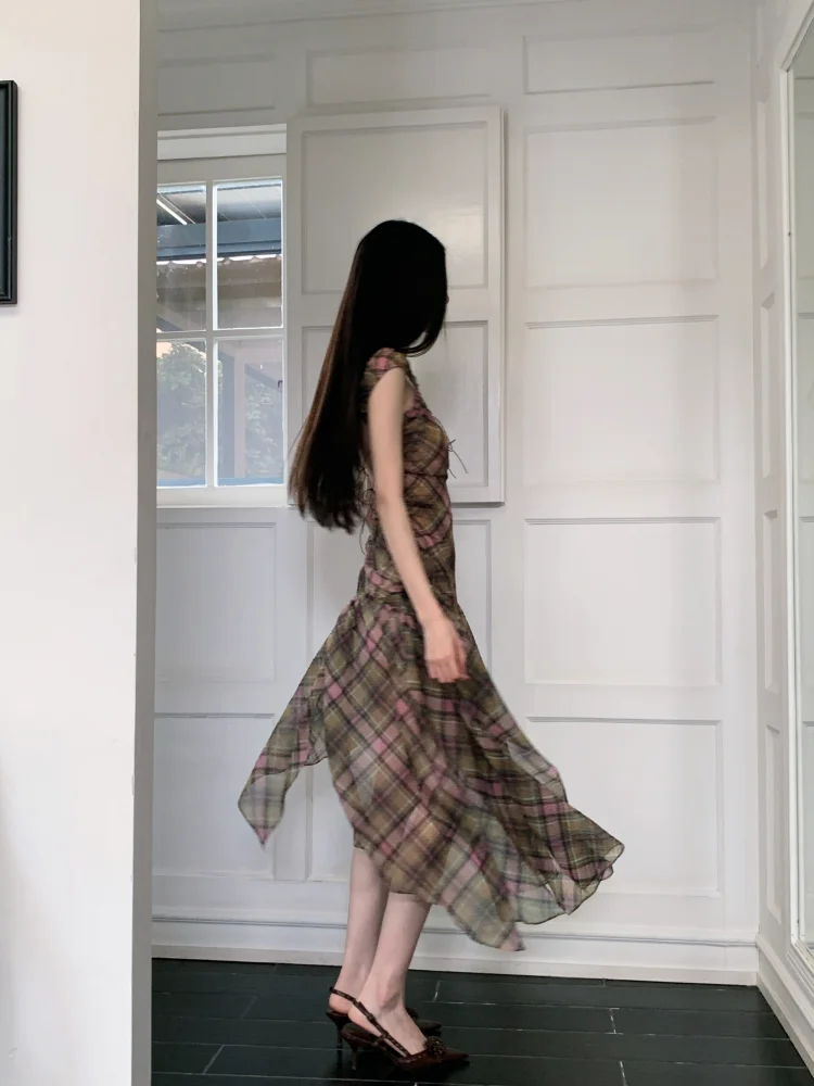 Summer Plaid Chiffon Chic Backless Sexy Sling Dress Women Elegant Bandage Casual Dress 2026 Korean Bodycon Luxury Evening Dress