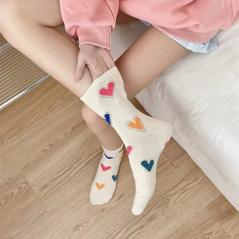 Color Love Socks Women's Mid-tube Autumn And Winter Cotton Stockings Simple Solid Color Pile Socks