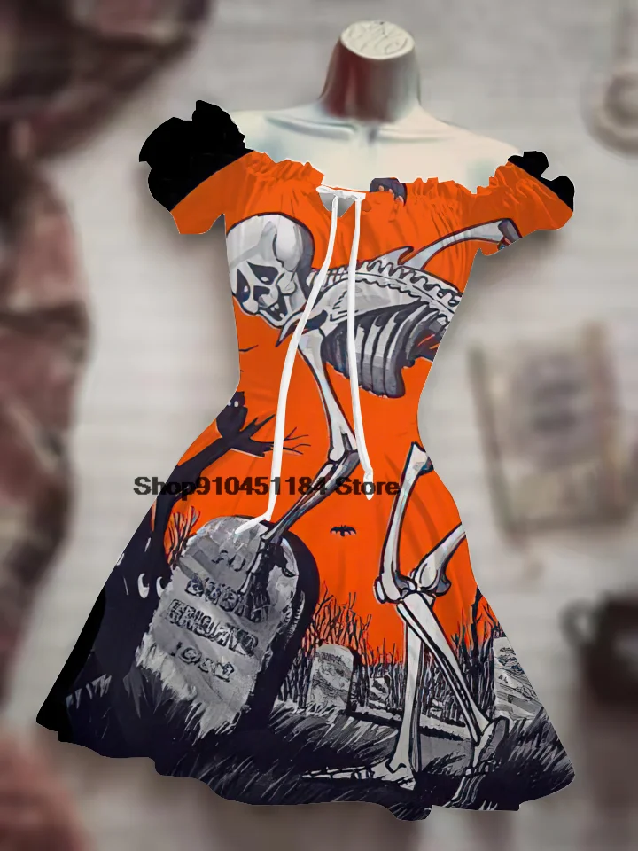 

Skull Costume Bubble Sleeve Drawstring Casual Dress Horror One Piece Smile Halloween Costume Short Skirt Hawaiian Boho Clothes