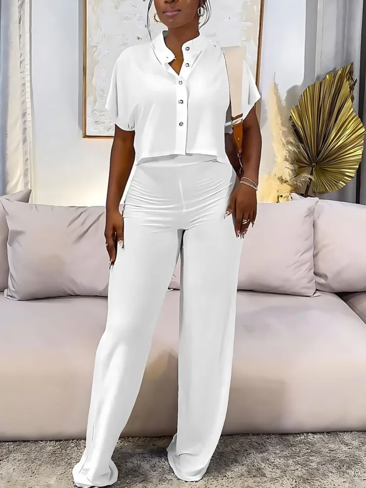 

Fashion Short Sleeve Shirt Tops Casual Wide Leg Pants Short Cardigan Solid Color Straight Pants Women Summer Two-Piece Outfits