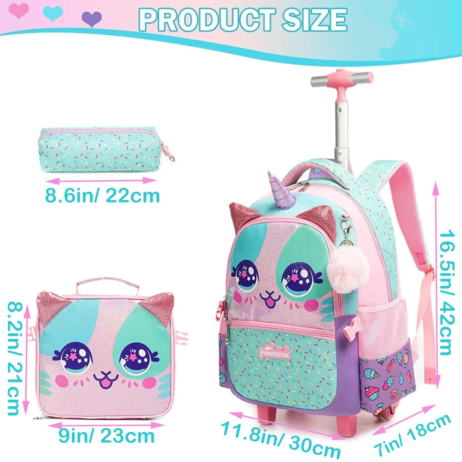 BUNNYFLY Cute Rolling Backpack for Girl Backpack with Wheels for Elementary Student Kids 3 in 1 Travel Luggage Carry on Suitcase