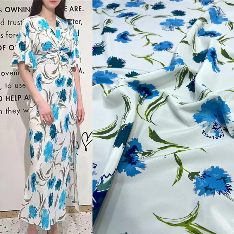 Summer New Blue Carnation Breathable Comfortable Crepe Fabric High End Dress DIY Designer Satin Natural Mulberry Silk Fabric