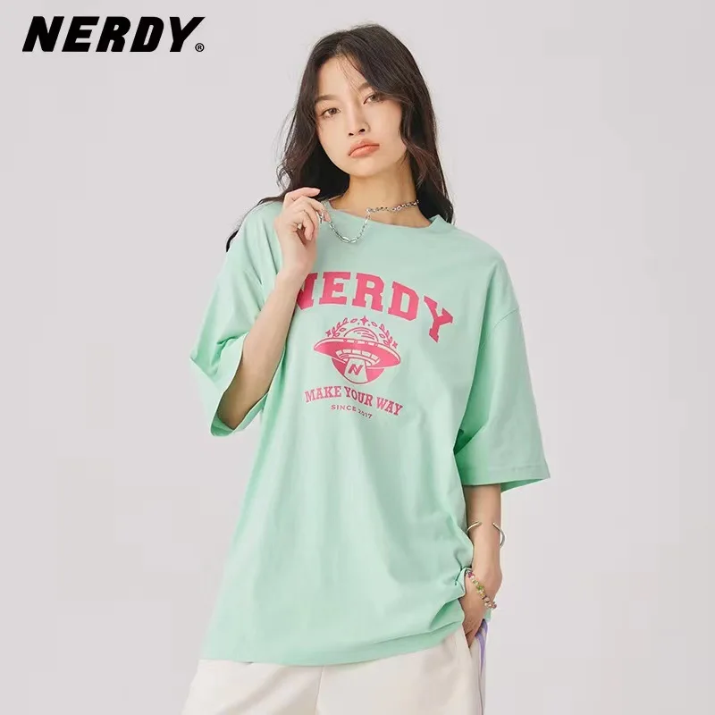 

NERDY Summer New Arrival Short-Sleeve T-Shirt 100% Cotton Crew Neck Loose Fit T-Shirt Unisex Couple's Style