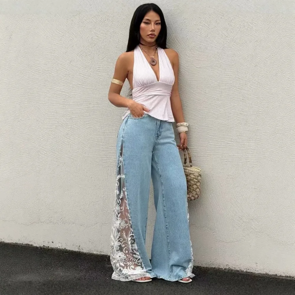 Women's Vintage Light Blue Wide Leg Jeans High Waist Side Floral Lace Spliced Patchwork Loose Casual Streetwear Denim Trousers