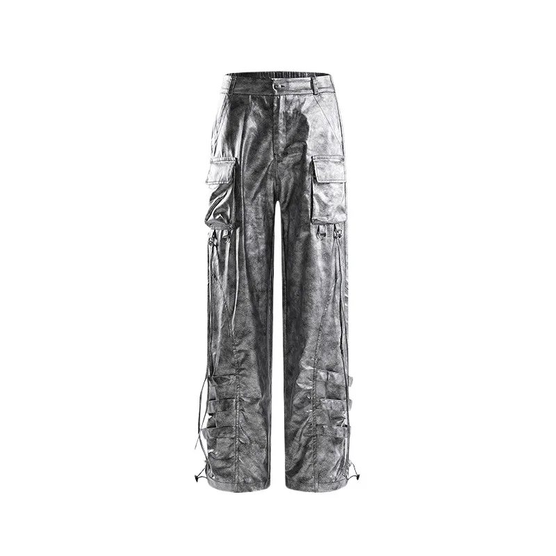 

Men's High Street Loose Fit Cargo Pants With Multi Pockets Silver Coated Hip Hop Trousers High Streetwear Nigh Club Wear