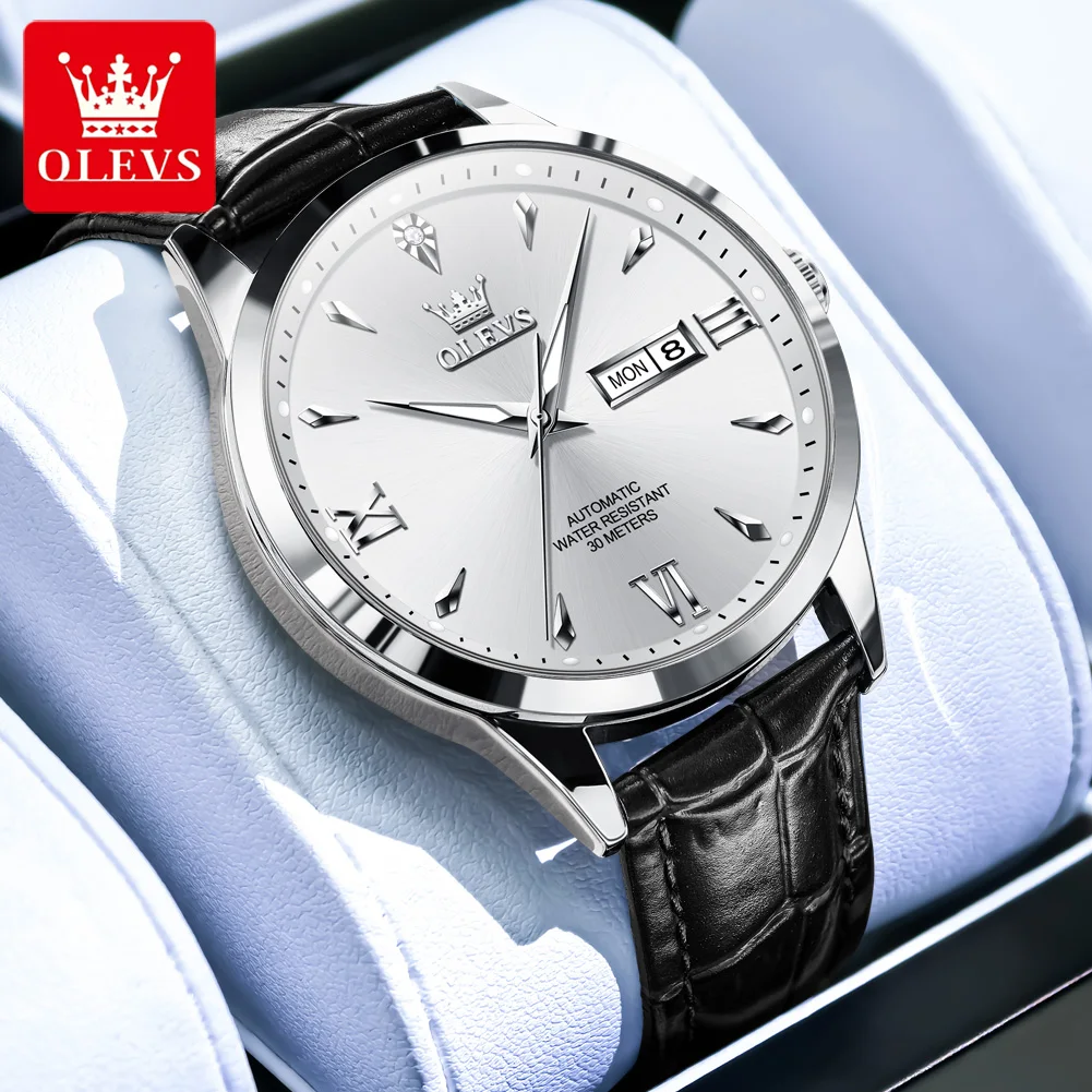 

OLEVS Men's Watches Top Brand Casual Leather Strap Original Automatic Mechanical Wristwatch Waterproof Luminous Date Week 9956P