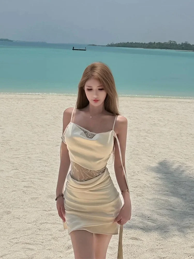 

Slimming Lace Strap Sundress Women's Summer Gauze A-Line Skirt Elegant Satin Flared Hemline French Style Casual Beachwear