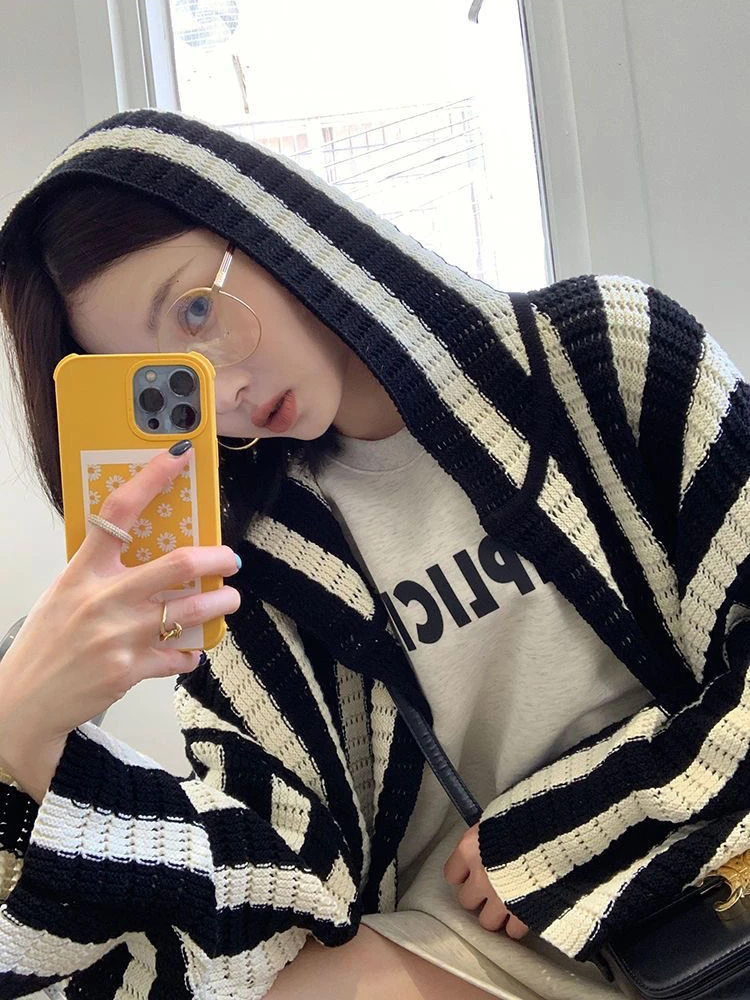 

Кардиган с капюшоном, женский готический мешковатый трикотаж, уютные осенне-зимние мягкие эстетические свитера, винтажные винтажные полосатые шикарные свитера с длинными рукавами