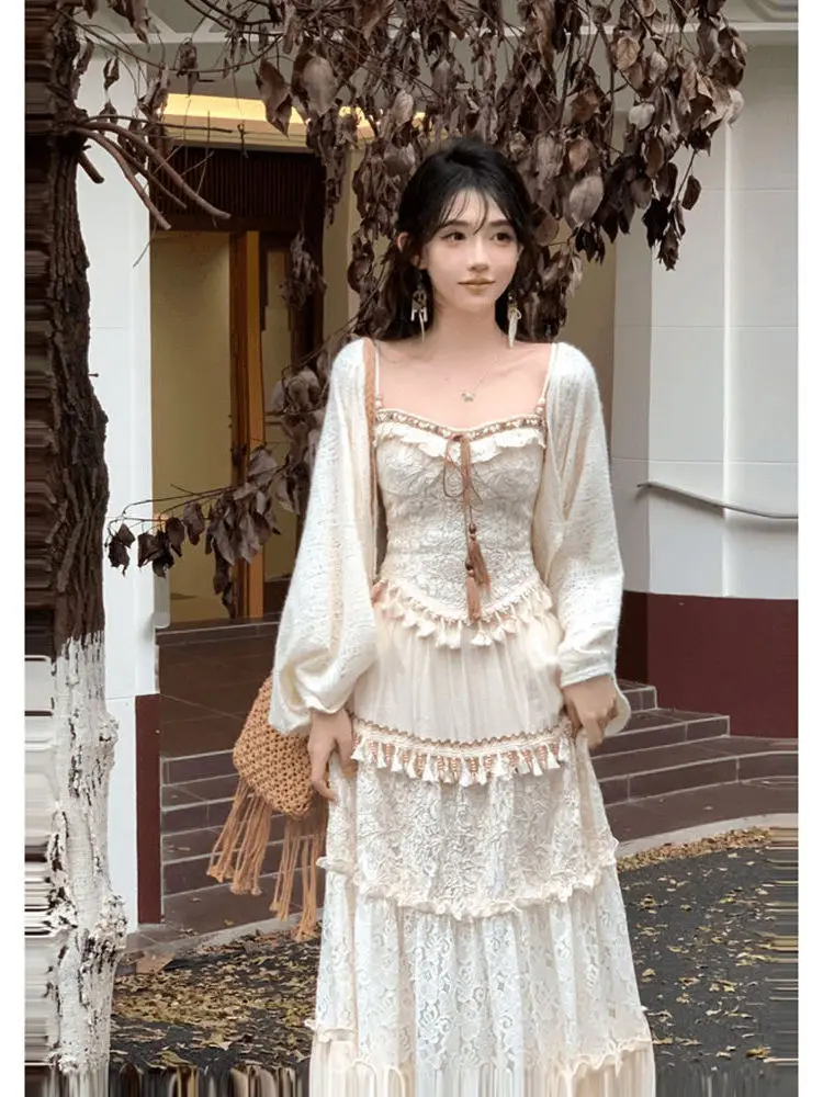 Bohemian Ethnic Heavyweight Open Cardigan Jacket Slimming Midi Skirt Three Piece Set Autumn 2026 Fashion Women's Ensemble