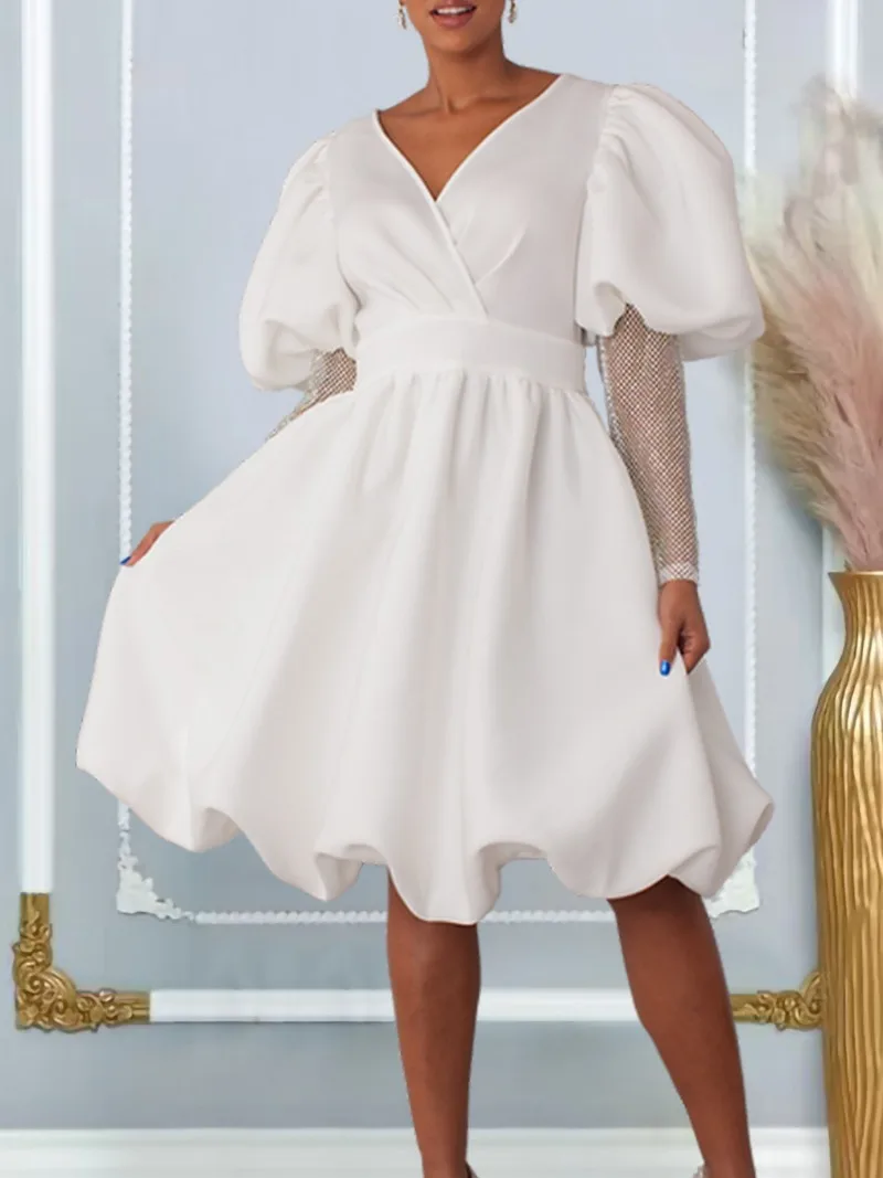 Women African Dress Vintage Puff Sleeve Cute Ruffle Tiered Layered Summer Spring Ladies Plus Size Party Club Mini Dresses White