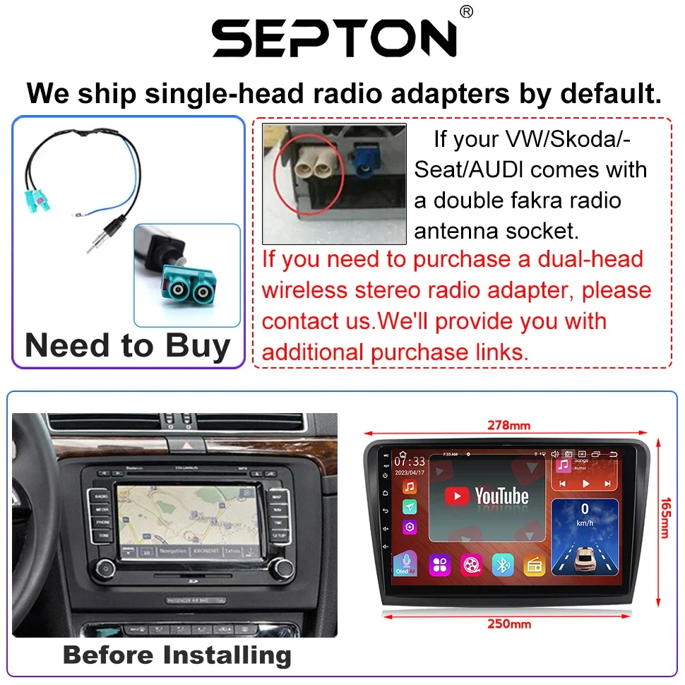 SEPTON 8+128G Car Radio Audio For SKODA SUPERB 2 2008-2013 2014 2015 Multimedia QLED GPS Player Wireless Carplay Autoradio 4G