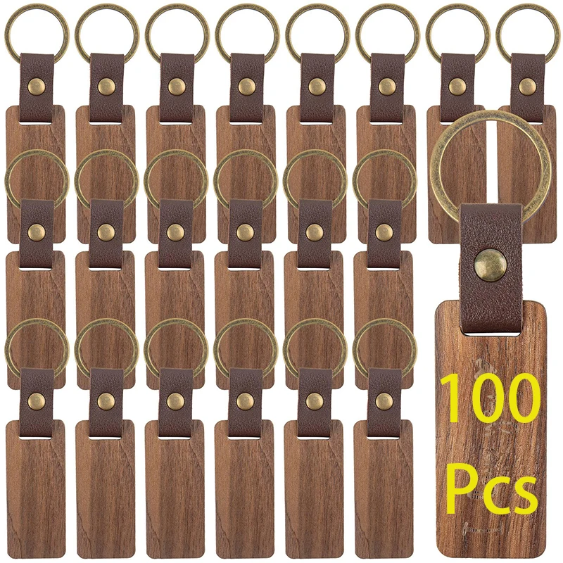 

100Pcs Wood Keychain Blanks Leather Wood Keychain Blank Unfinished Blanks with Leather Strap Keychain