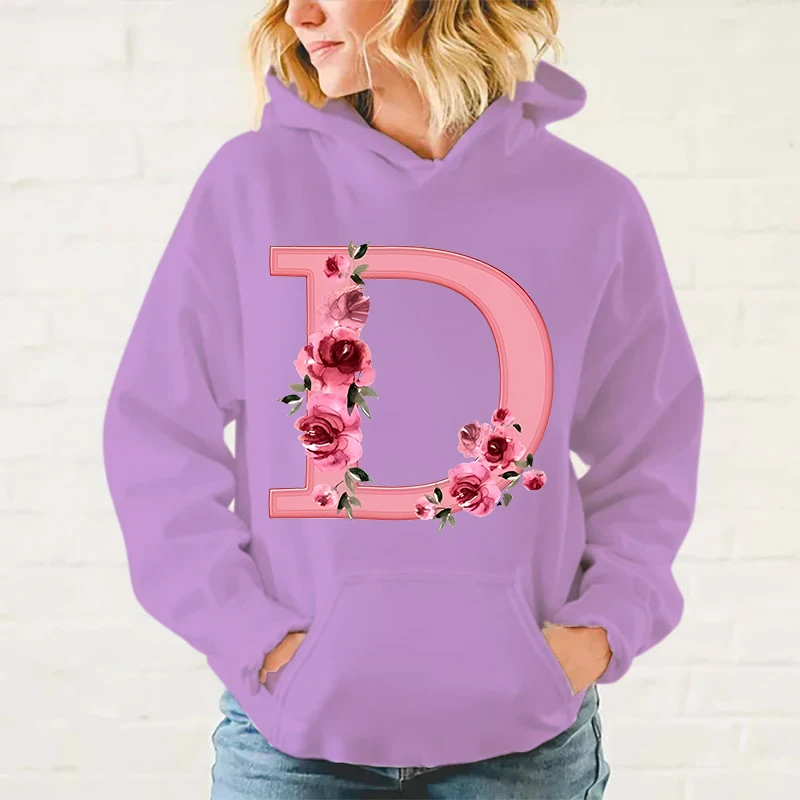 New Flower Alphabet D Hoodies Women Girl Long Sleeve Sweatshirt Female Casual Loose Hoodies Fashion Pullovers Tops