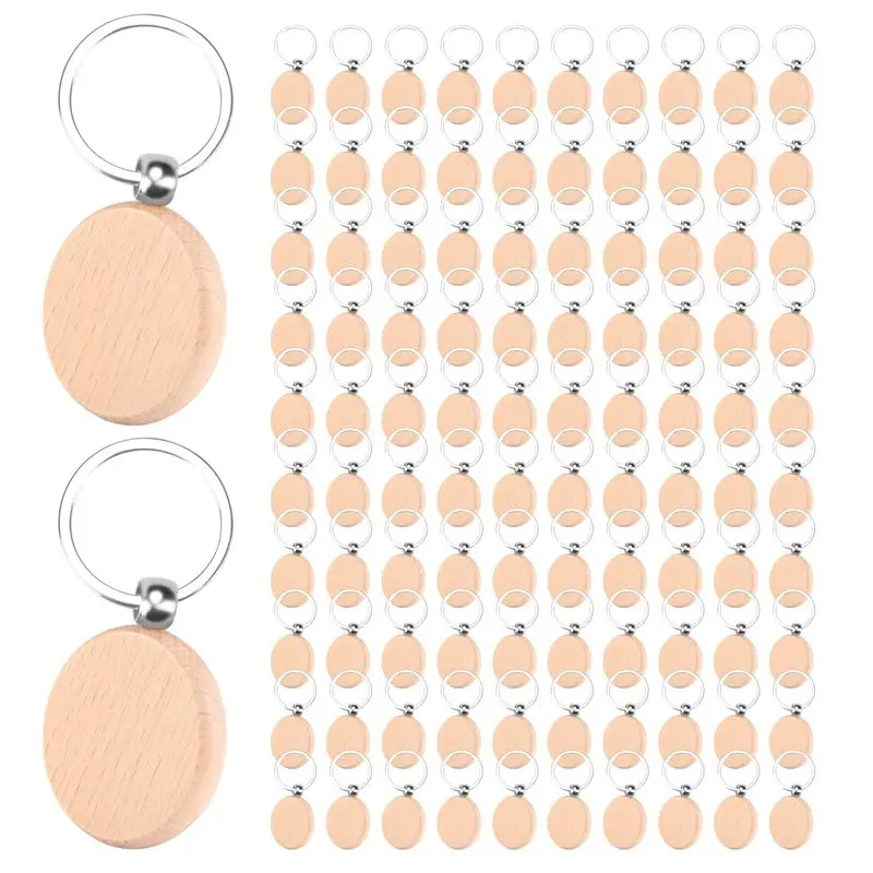100 Pieces Wooden Keychain Blanks Round Wood Keychain Blanks Diy Wooden Keychain Blanks Unfinished Wooden Key Ring Key Tag B-B61