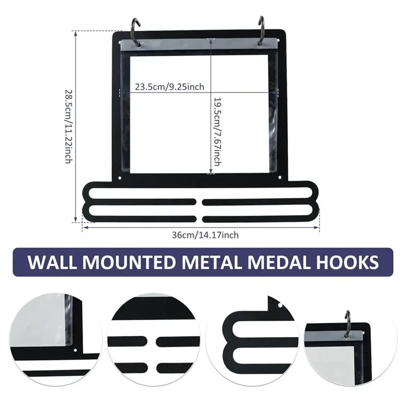 DT39 Medal Hanger Display Wall Mounted with Number Bags Hooks Race Medal Holder Rack - Black Iron