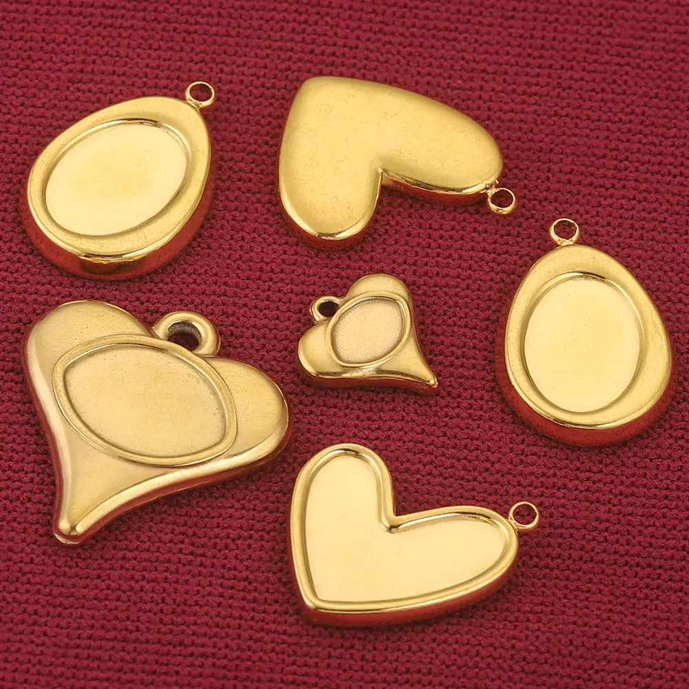 5pcs Stainless Steel Plated Gold Cartoon Heart Charms Pendant Blank Base Diy UV Resin Cameo Earrings Jewelry Making Supplies