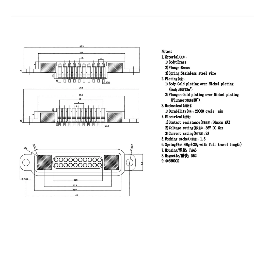 5V White 6P 7P 8P 9P 10P 11P 12P 13P With screw holes Waterproof Magnetic Pogo Pin Connector 2A Spring Loaded DC Power Socket