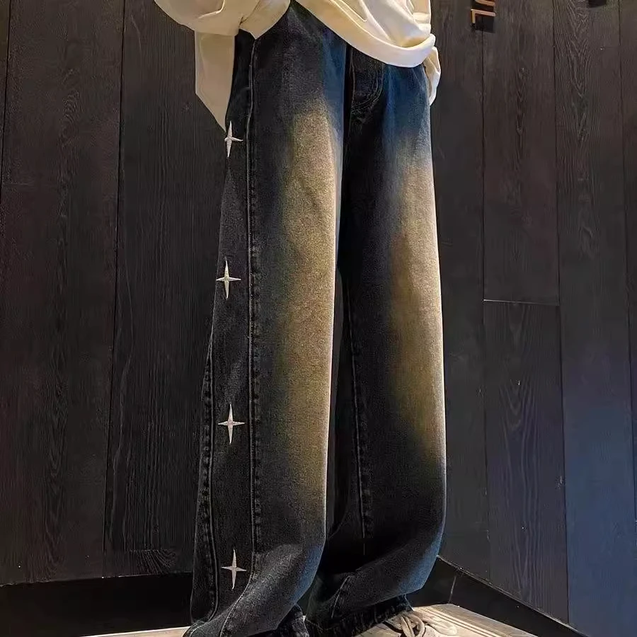 

Джинсы свободного кроя с вышивкой винтажной четырехконечной звезды, размер 300, для мужчин и женщин