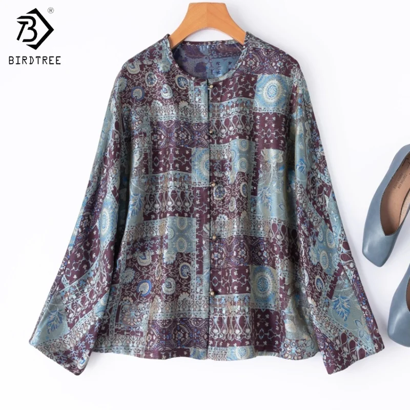 

Birdtree, пальто в китайском стиле из 35% тутового шелка, 65% шерсть, женские жаккардовые топы с рукавами реглан с круглым вырезом, осенний кардиган 2025 T5O810JF