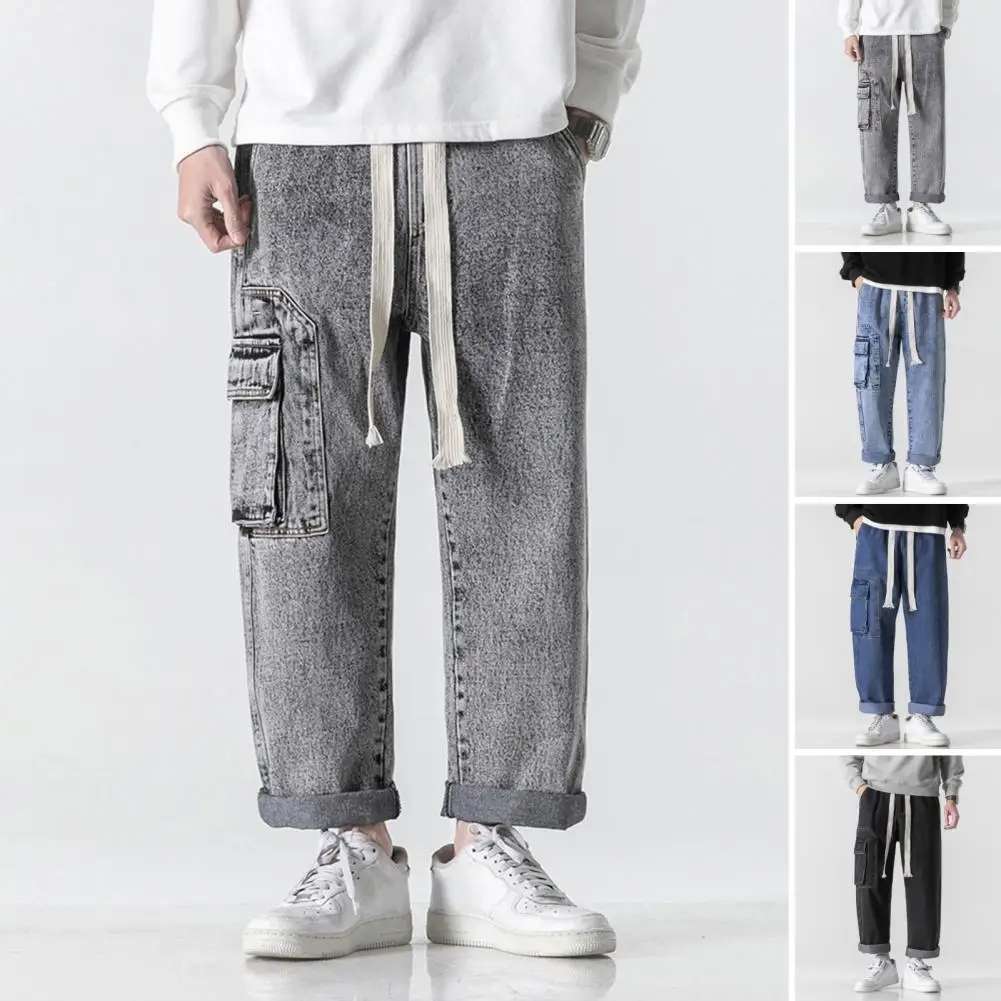 Men Summer Casual Jeans Elastic Drawstring Waist Straight Wide Leg Denim Pants Multi Pockets Design Long Trousers Streetwear