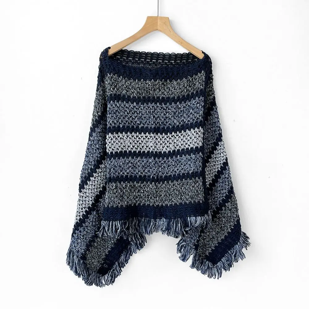 

Women Fashion Autumn Winter Warm Knitted Shawl Colorful Plaid Ethnic Style Mongolian Poncho Stripe Coat Overlays