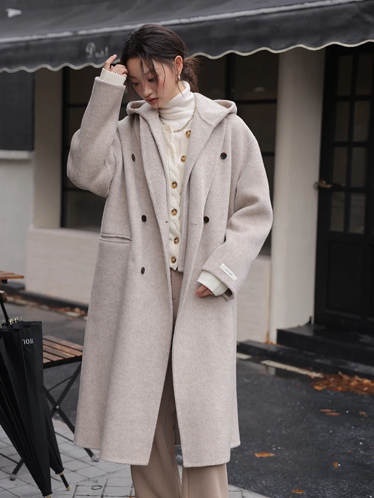 2024 Autumn And Winter College-Style Hooded Woolen Jackets Double-Breasted High-End Loose Women's Long 100% Wool Coats