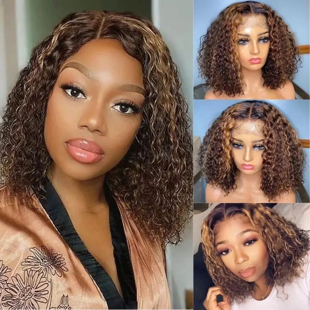 

Hightlight Hair Wig Deep Wave 4x4 T Part Lace Front Wig Bob Blonde & Brown
