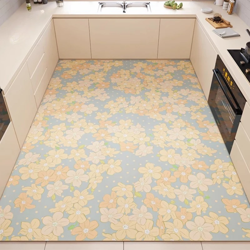 Floral Print Pattern Kitchen PVC Leather Floor Mat Pastoral Style Washable Waterproof Oil-resistant Foot Mat Home Easy Clean Rug