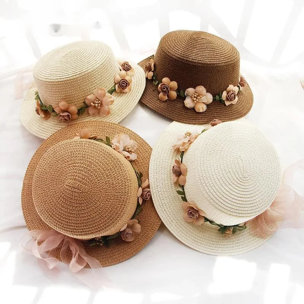 Beige Straw Hat New Flowers Ribbon Lace Bowknot Sunshade Cap Flat top Wide Brim Sun Hat Summer