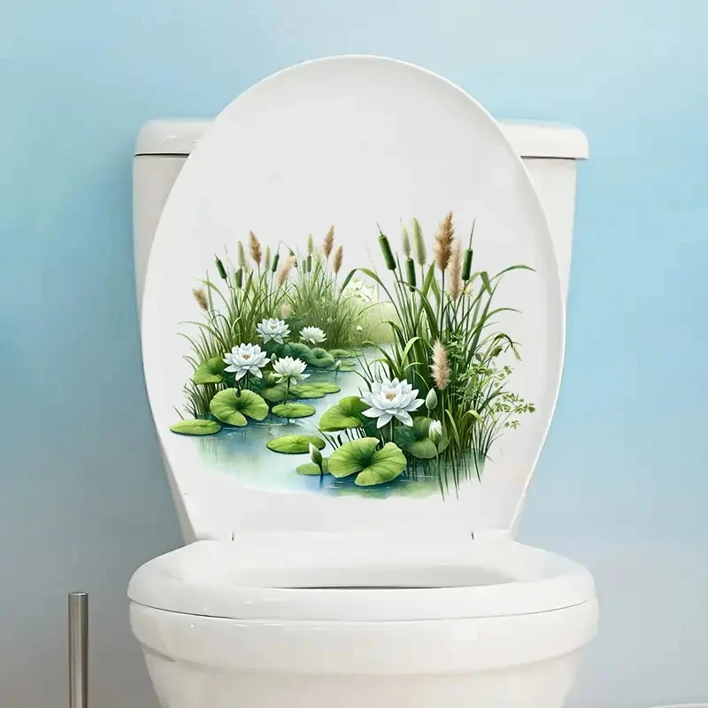 MT1424# Waterproof for Lotus Flower Toilet Sticker - Self-Adhesive Bathroom Decor with White for Lotus Blooms, Green Leaves