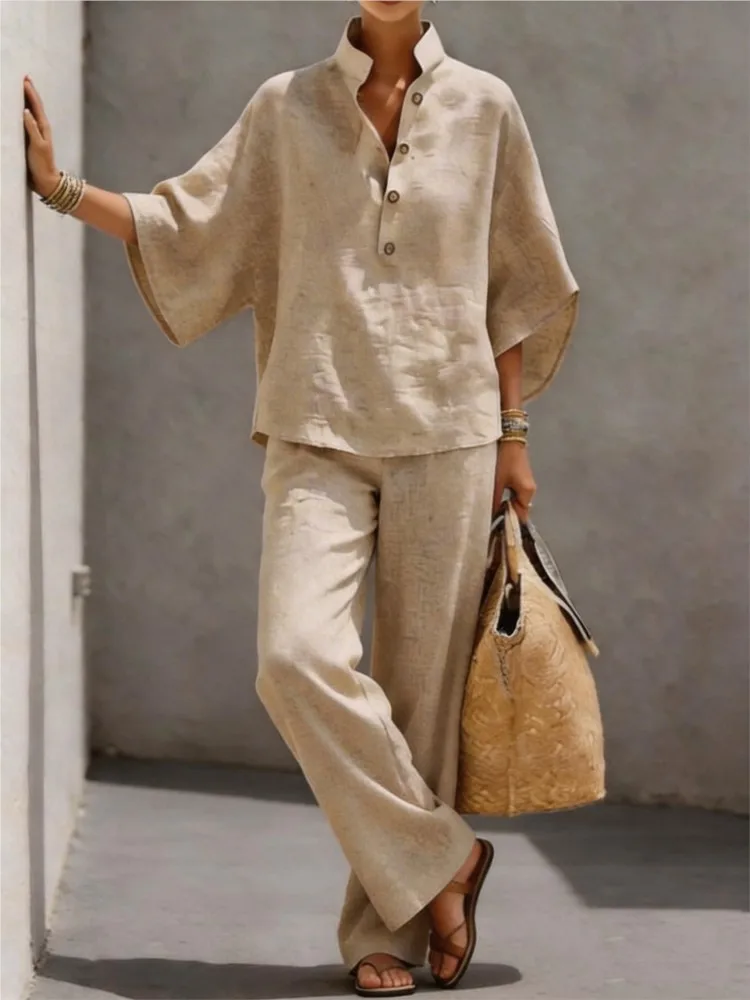 

Fashionable Button Stand Collar Nine-quarter Sleeves Loose 2-piece Set 2026 Spring New Casual Wide-leg Pants Suit For Women