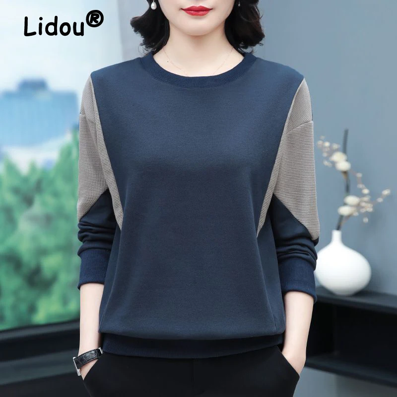 Korean Simple Style Patchwork Long Sleeve Loose Cotton Ladies Tops 2023 Spring Autumn Women\'s Casual All Match T-shirts Clothing