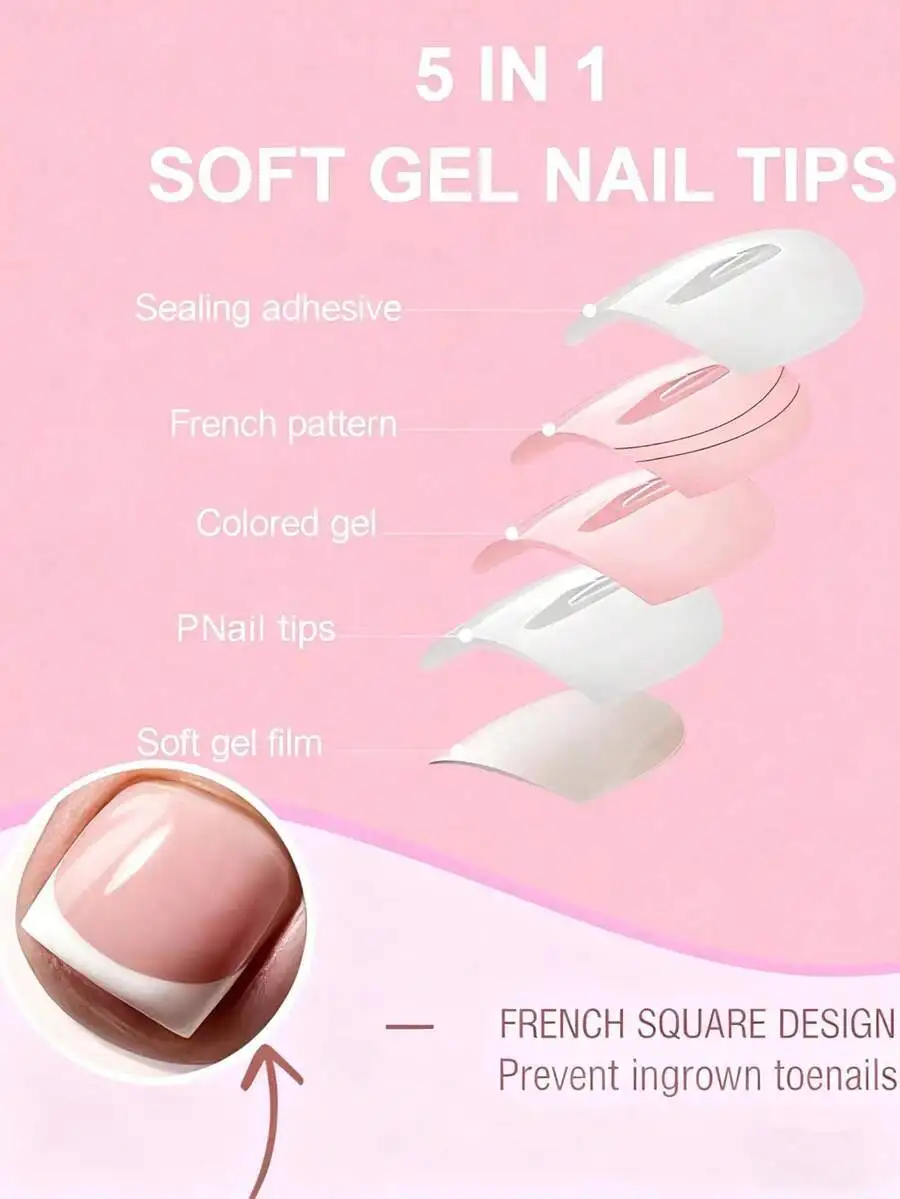 144pcs/Box Pink Toe Nail Press Ons Square French Tips Toe Press On Nails Pre-Designed Soft Gel Thick False Toenail Extension Acr view 4
