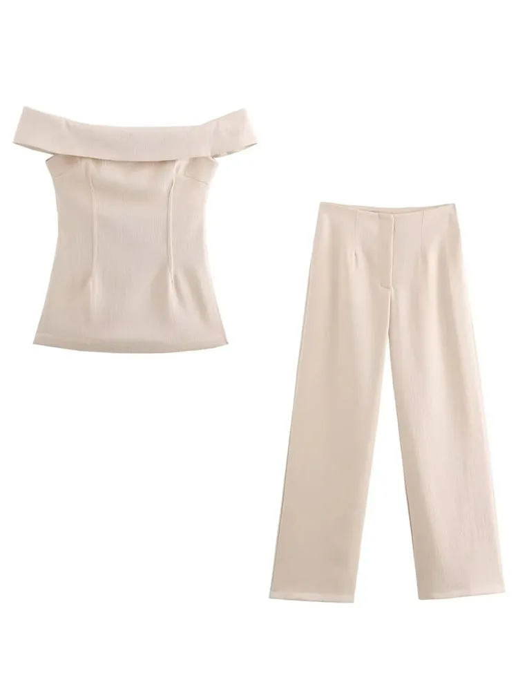 KAOPU ZA Women with side vents off-the-shoulder top or wide-leg high-waist trousers two pieces sets mujer
