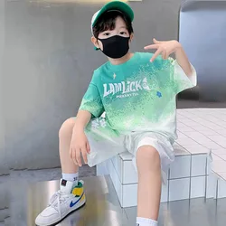 Boy Summer Set Big Children Casual Top+Shorts 2Pcs Outfits Teenager Fashion Short-sleeved Clothes 2024 Kids Sports Print Suit