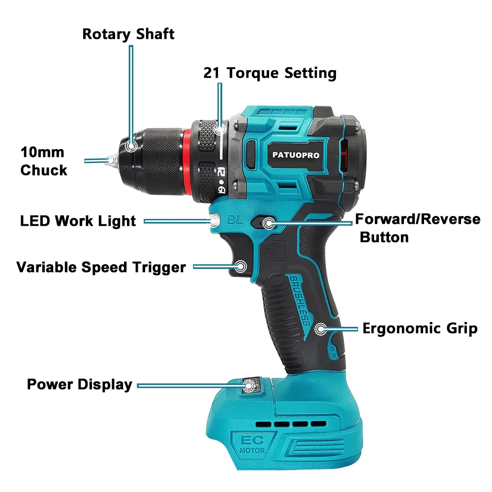 Imagem -04 - Patuopro-furadeira Elétrica sem Fio sem Escova Ferramentas Elétricas Recarregáveis para Makita Velocidades 10 mm 60100 N.m Bateria 18v