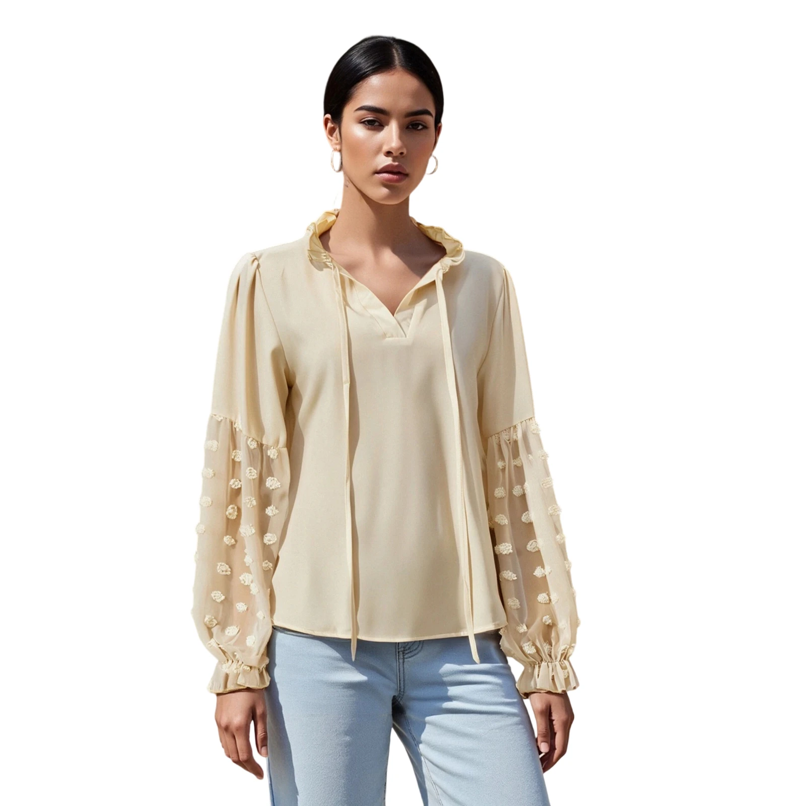 

Женские осенние повседневные топы с длинным рукавом и завязками с V-образным вырезом и рюшами, свободная футболка