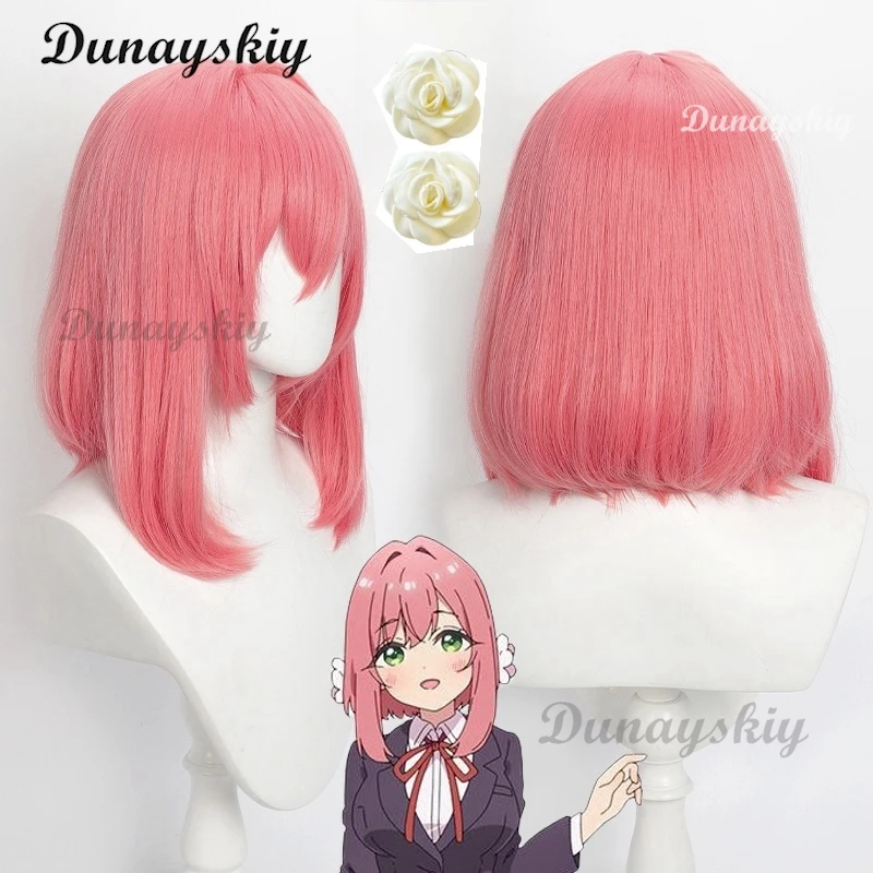 Anime 100 Kanojo Hanazono Hakari Cosplay Wig Pink Short Hair White Flower Hairpins Halloween Party Women Girls Props Accessory