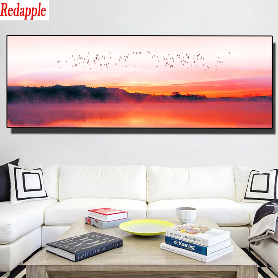 Large Diamond Painting for Home Decoration, Sunset and Lonely Bird, Full Square and Round Drill, Seascape Embroidery, Mosaic