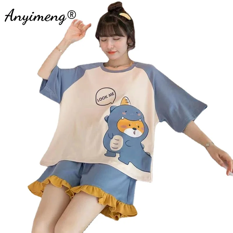 Kawaii Cartoon Dinosaur pigiama Set per donna estate M-5XL ragazze pantaloncini moda Loungewear donna Cute Pijamas Lady Sleepwear