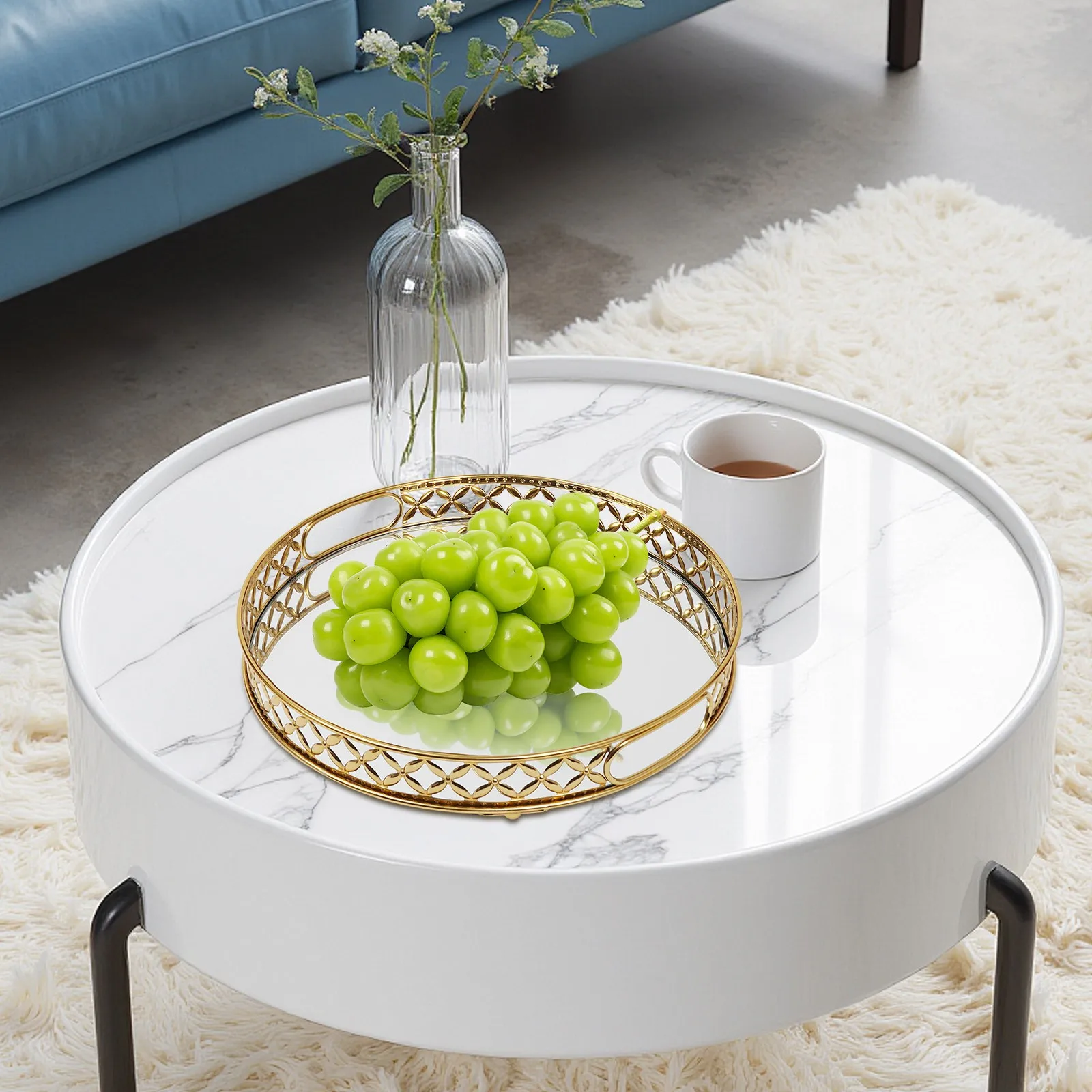 

14.57*14.57*3.94in Round Decorative Tray Mirror Tray, Decoration Tray with Handles, Mirrored Vanity Tray for Bathroom Counter