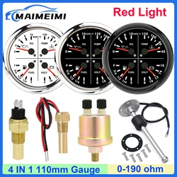 Red LED Oil Pressure+Water Temp+Fuel Level Gauge+VOLT Multifunctional 4 IN 1 110mm Gauge Sensor Car Boat Camper Marine Custom